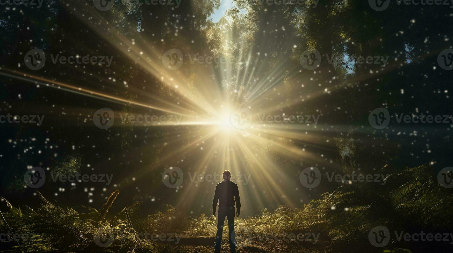 A scene illustrating the natural occurrence of a starburst lens flare in a photography setting, providing space for text, background image, generative AI photo