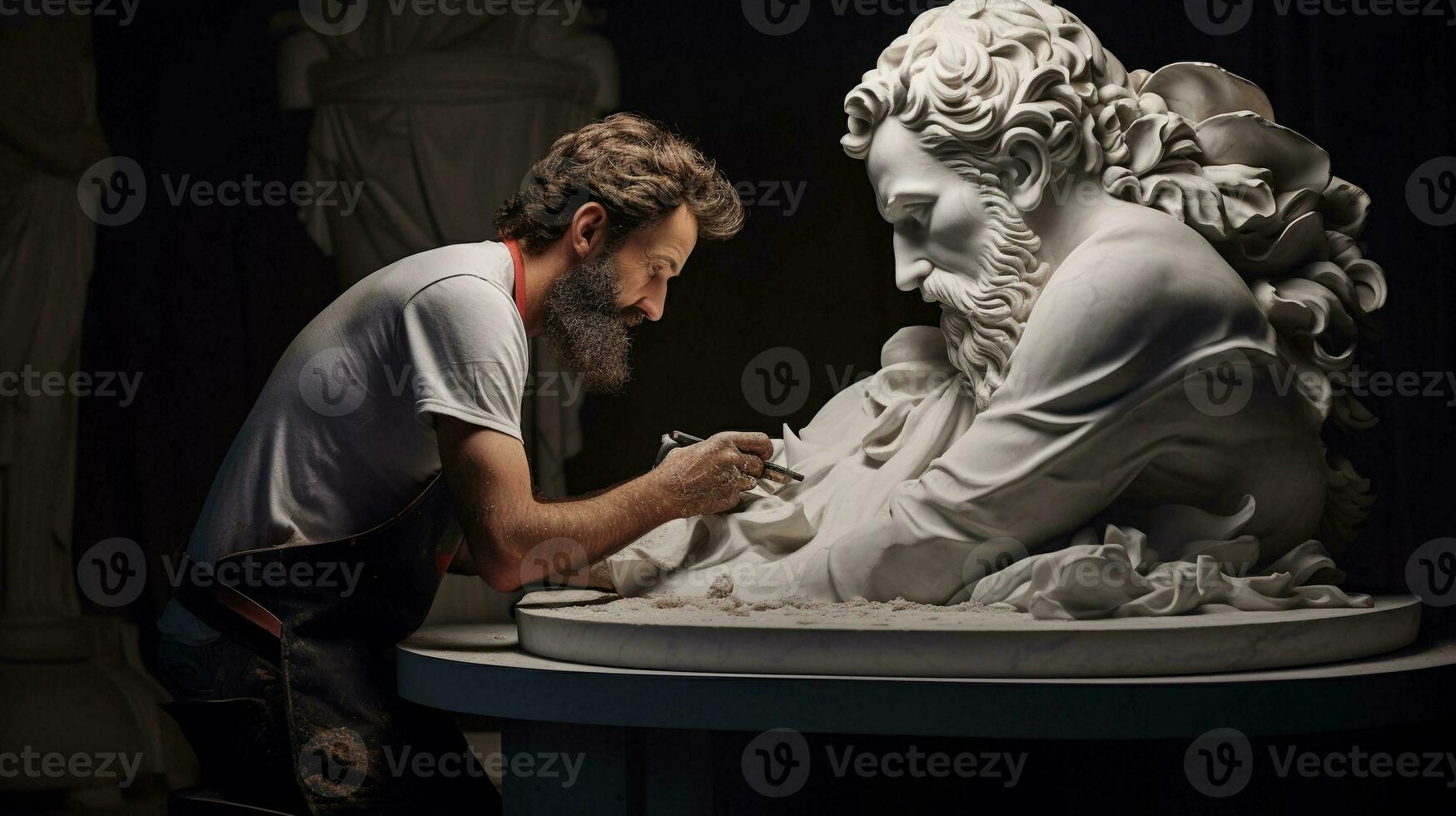 An image capturing a skilled artisan sculpting marble into a work of art, allowing space for text, background image, generative AI photo