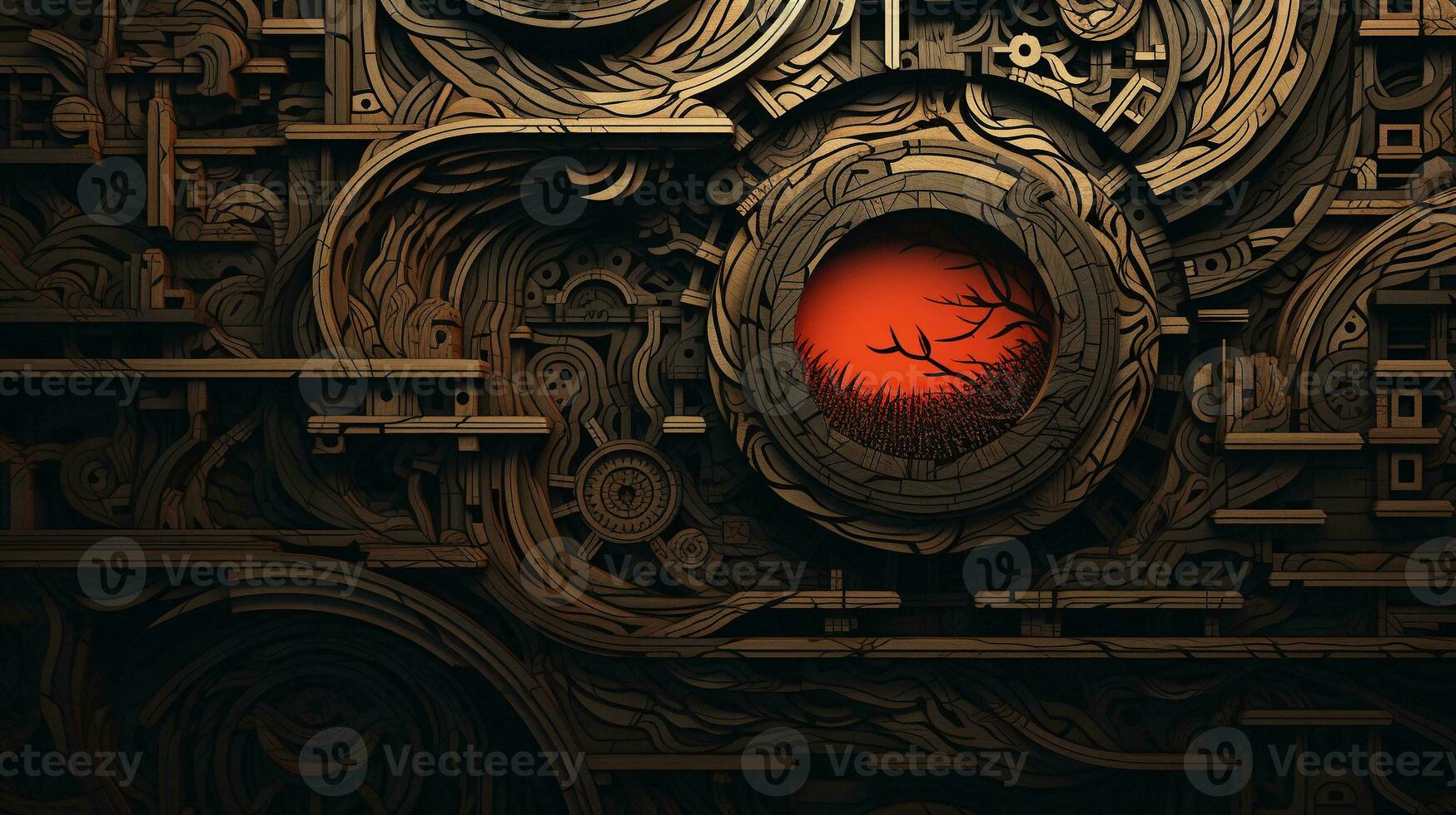 A visually captivating composition featuring intricate woodcut patterns with varying textures and shading, allowing space for text, background image, generative AI photo