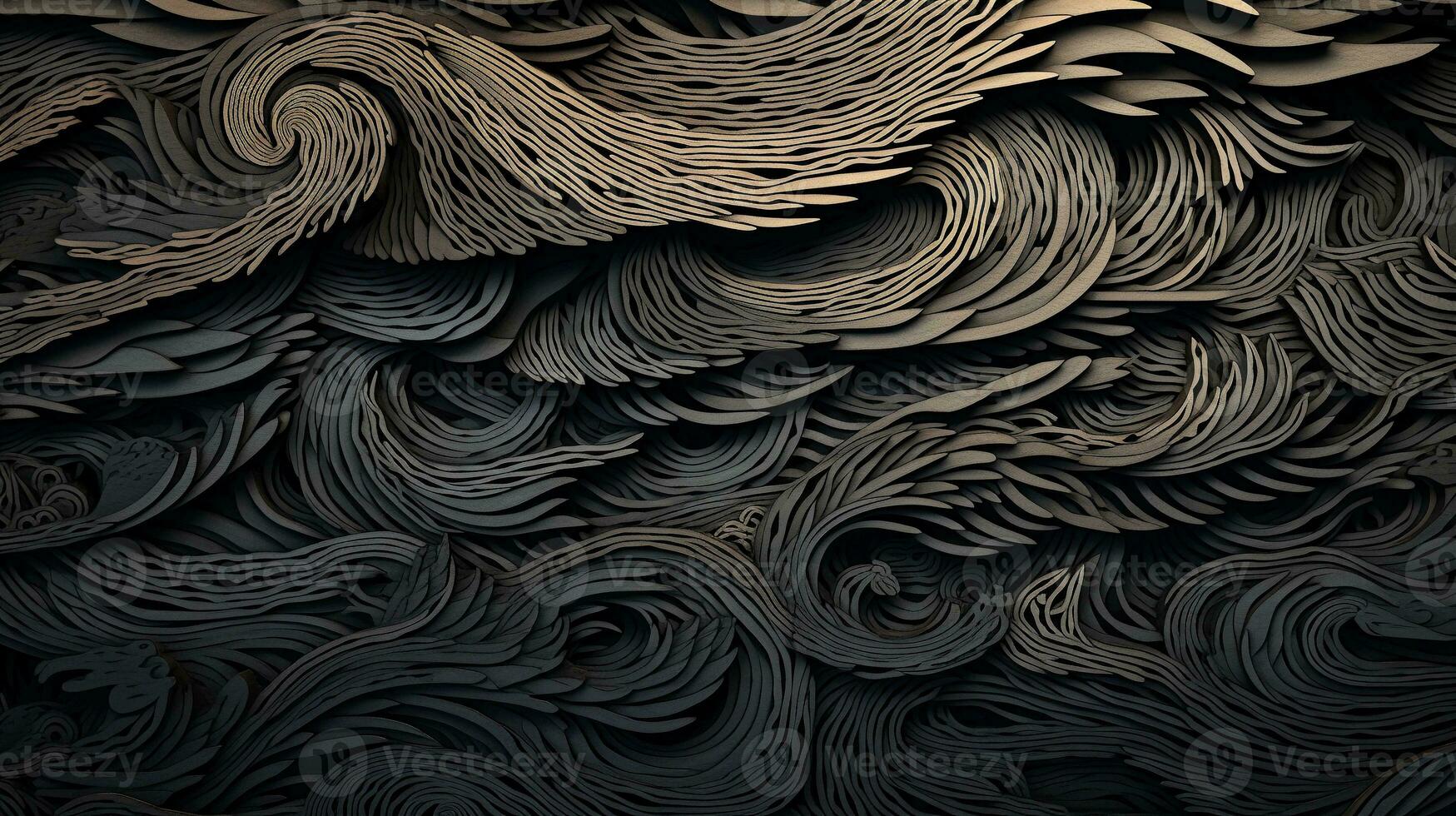 A visually captivating composition featuring intricate woodcut patterns with varying textures and shading, allowing space for text, background image, generative AI photo