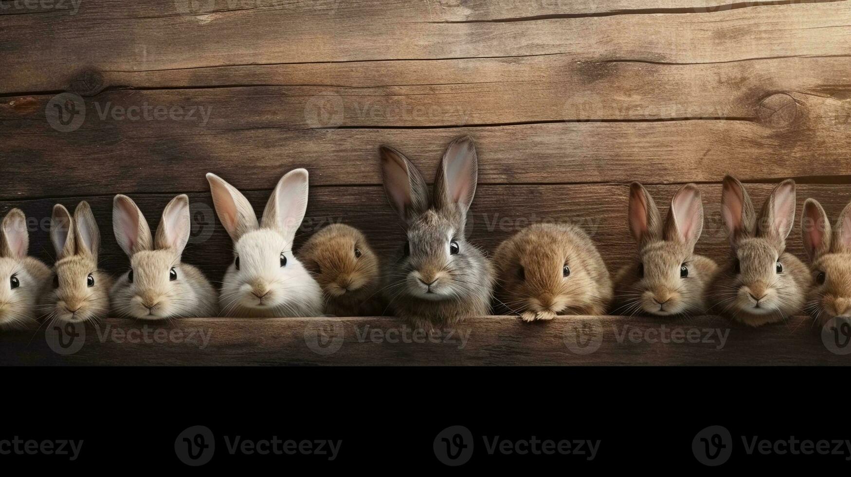 top view of bunnies on textured wooden table with space for text, background image, generative AI photo
