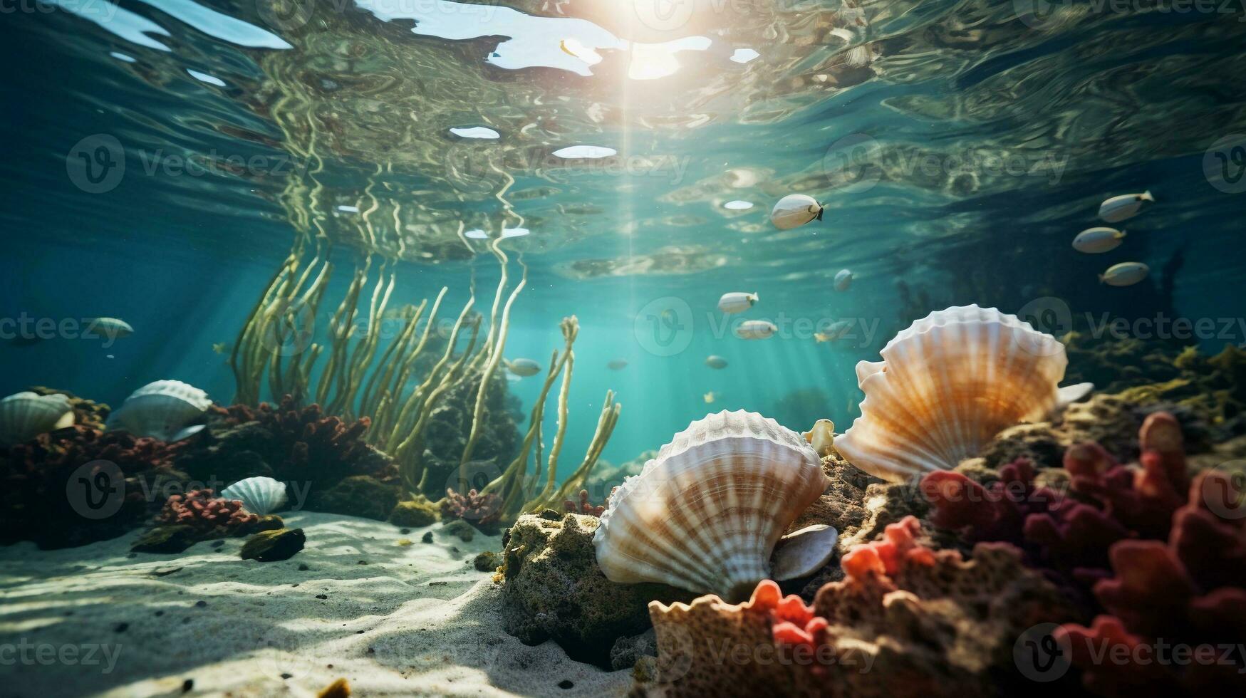 A scene illustrating seashells in their natural underwater habitat