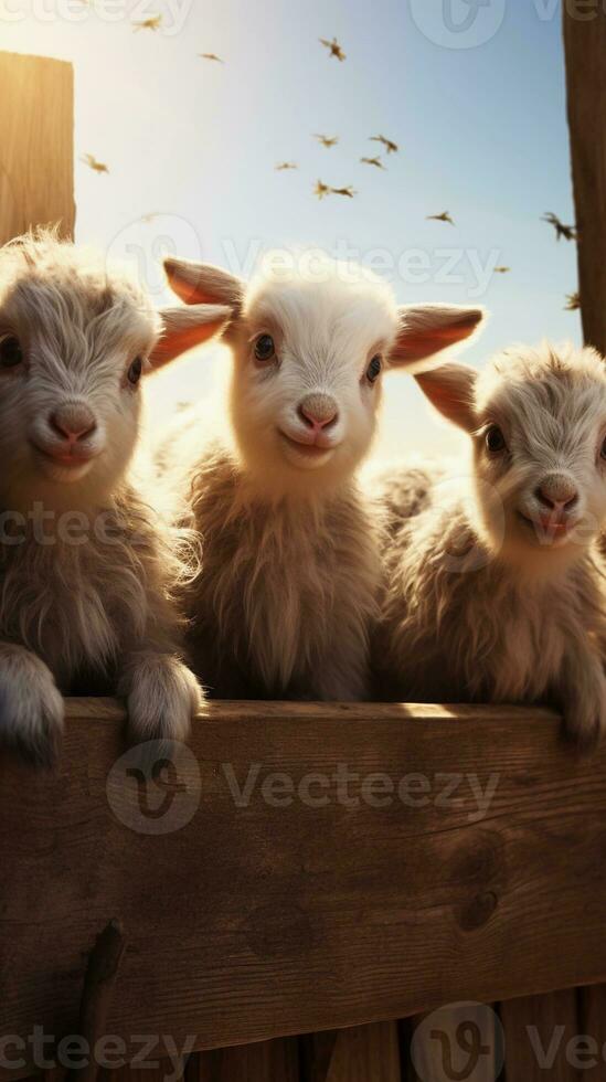 A close-up of adorable baby goats in a pen, with textured wooden fencing and space for text, vertical format, background image, generative AI photo