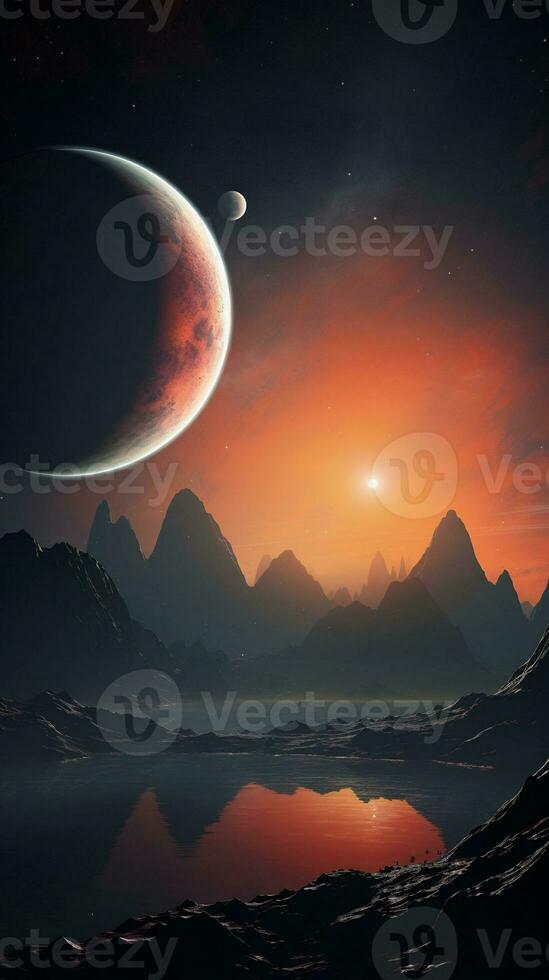 A scene illustrating the discovery and exploration of distant exoplanets within interstellar space, allowing space for text, vertical format, background image, generative AI photo