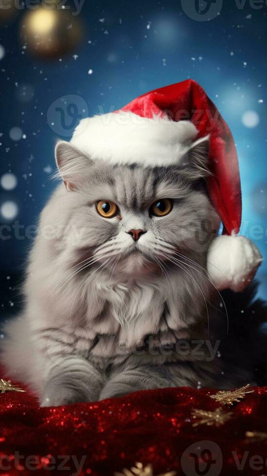 A regal cat wearing a Santa hat and posed on a velvet cushion with space for text, vertical format, background image, generative AI photo