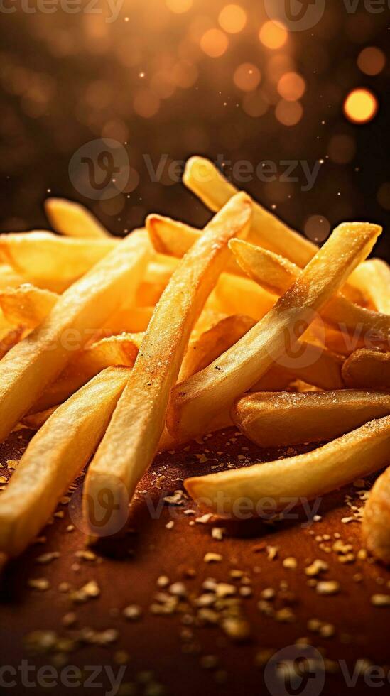 A close-up of seasoned French fries with visible texture and seasoning with space for text, vertical format, background image, generative AI photo