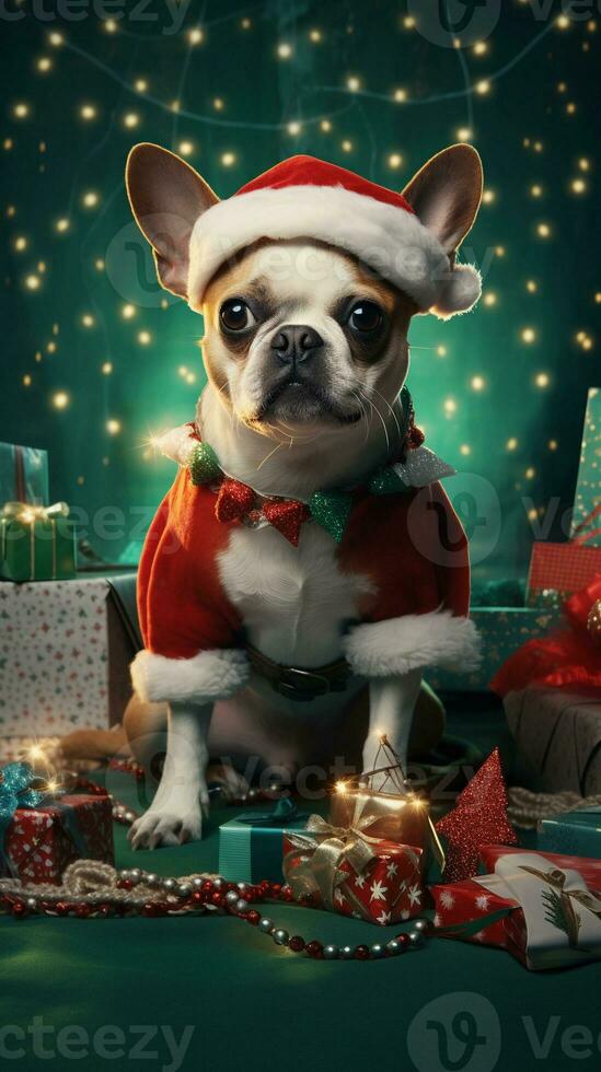 A dog dressed as a Christmas elf, surrounded by beautifully wrapped presents and twinkling lights, with space for text, vertical format, background image, generative AI photo