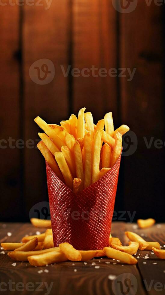 A stack of French fries in a paper cone against a textured red brick wall, suitable for text overlay, vertical format, background image, generative AI photo