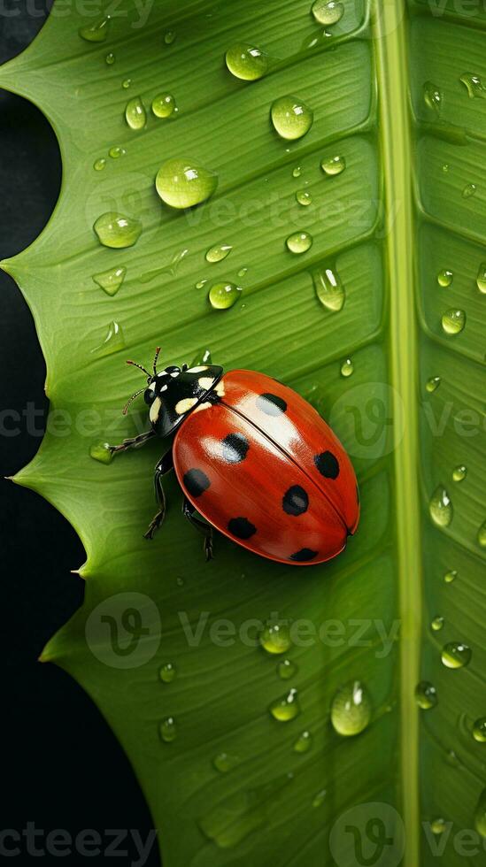 un imagen capturar el intrincado detalles de un mariquita encaramado en un texturizado hoja, vertical formato, antecedentes imagen, generativo ai foto