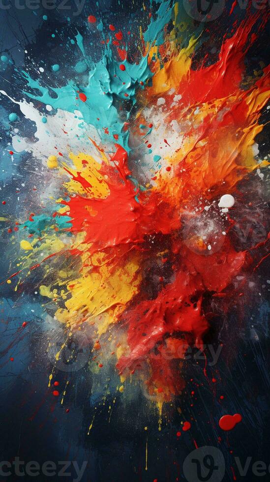 An image featuring a dynamic arrangement of paint splatters against a textured backdrop with space for text, vertical format, background image, generative AI photo