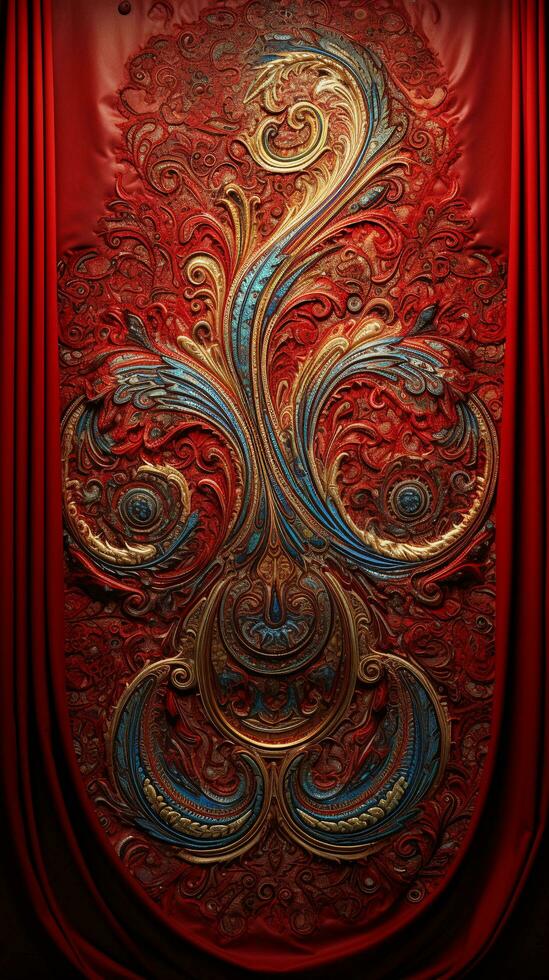 An artistic portrayal of a vibrant paisley fabric draped against a textured background with space for text, vertical format, background image, generative AI photo