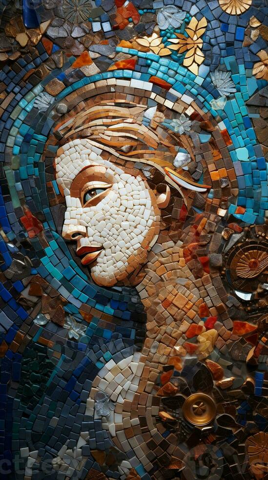 An image showcasing a beautifully crafted mosaic artwork against a textured background with space for text, vertical format, background image, generative AI photo