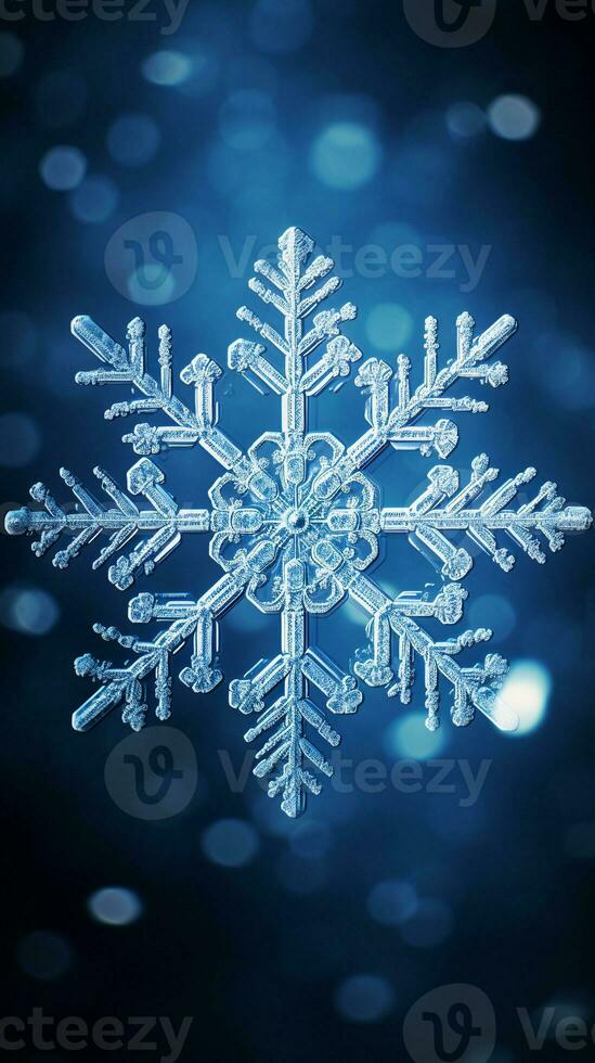 An image showcasing a close-up view of a single, delicate snowflake, with ample space for text, vertical format, background image, generative AI photo