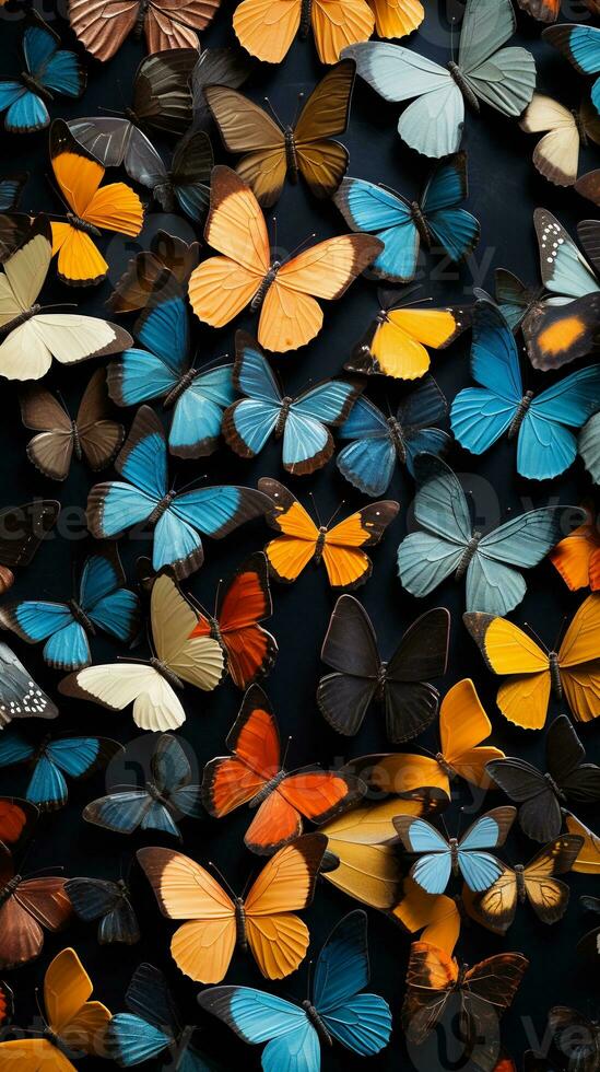 An image showcasing butterflies as part of an artfully designed, textured composition, allowing space for text, vertical format, background image, generative AI photo