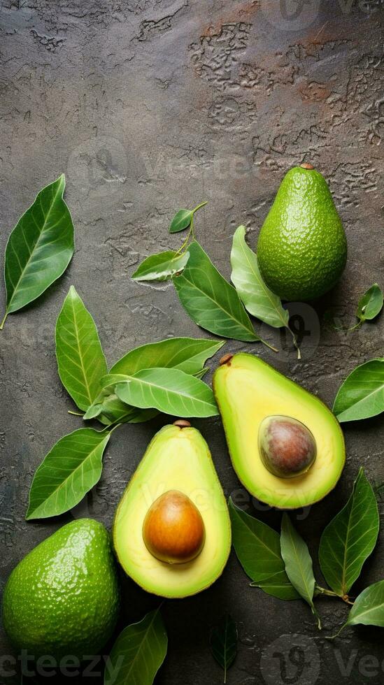 An image showcasing freshly harvested avocados with leaves and branches, set against a rustic textured background. Leave space for text, vertical format, background image, generative AI photo