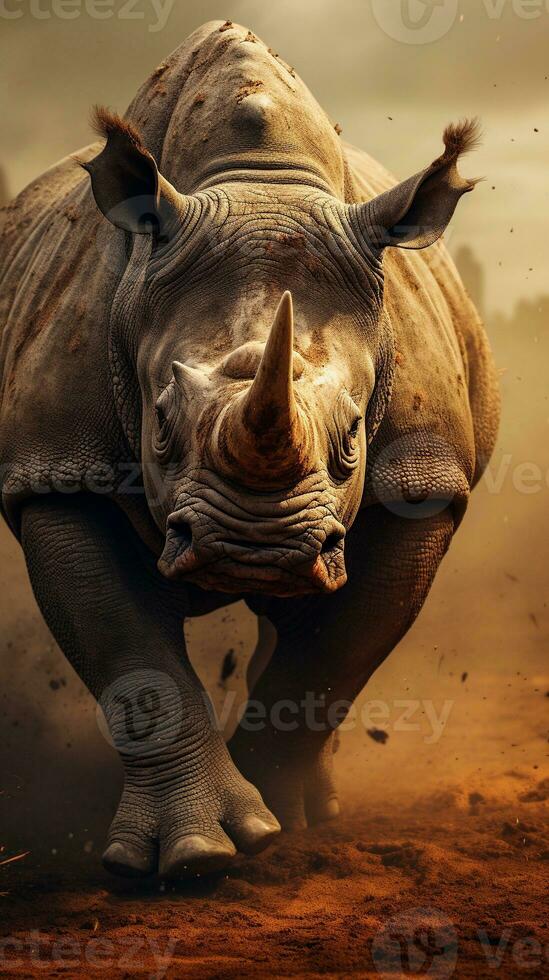 close-up of an angry male rhino with textured background and huge space for text, vertical format, background image, generative AI photo