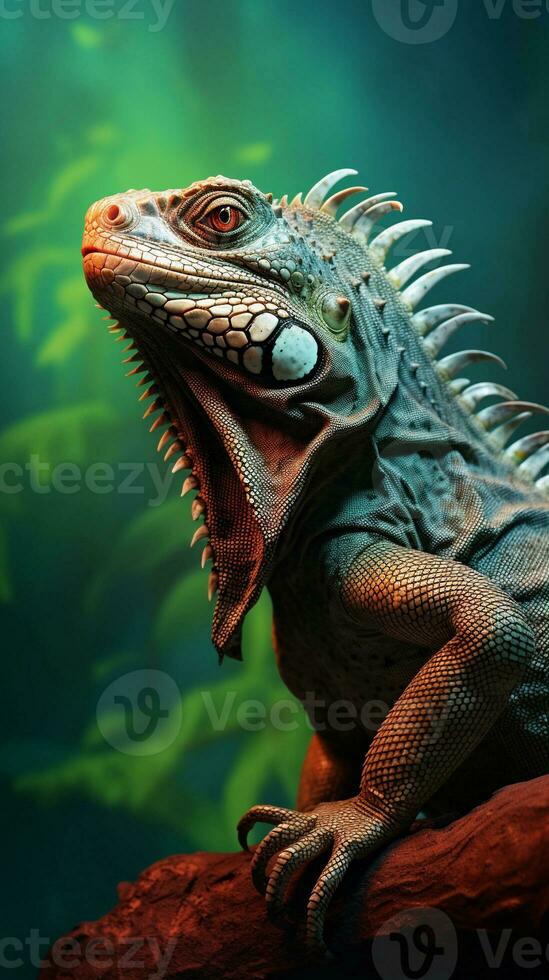 close-up of an amazing male iguana with textured background and space for text, vertical format, background image, generative AI photo