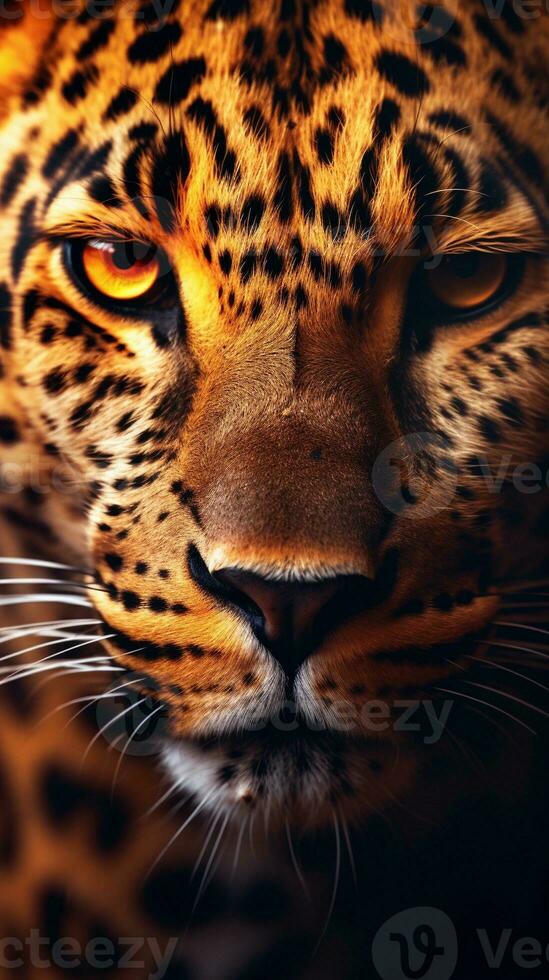 close-up of awesome leopard with textured background and huge space for text, vertical format, background image, generative AI photo