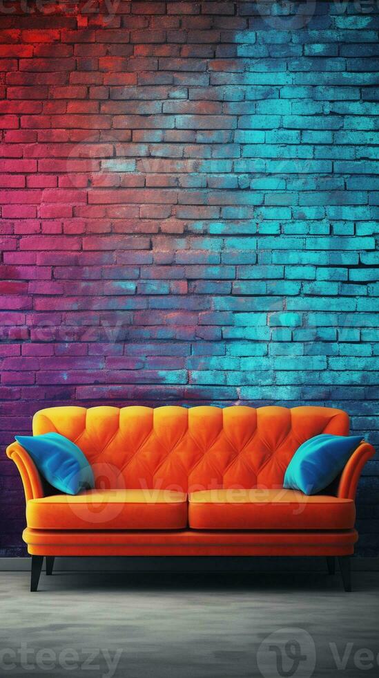 image of a beautiful vibrant colored sofa with space for text and textured vibrant brick wall background, vertical format, background image, generative AI photo