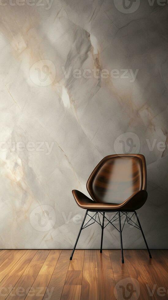 image of a modern Chair with space for text and textured wooden wall background and marbled floor, vertical format, background image, generative AI photo