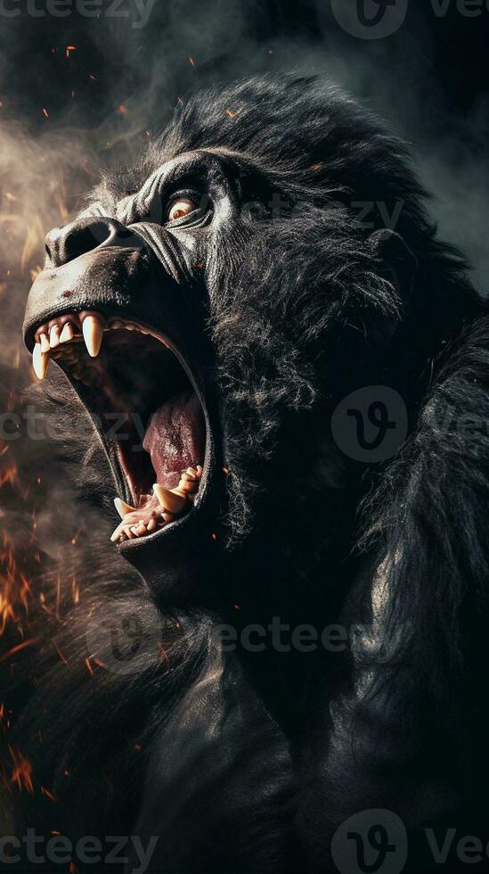 close-up of roaring angry male gorilla with textured background and huge space for text, vertical format, background image, generative AI photo