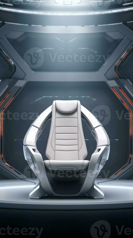 image of a modern futuristic high tech Chair with space for text and clean textured high tech wall background, vertical format, background image, generative AI photo