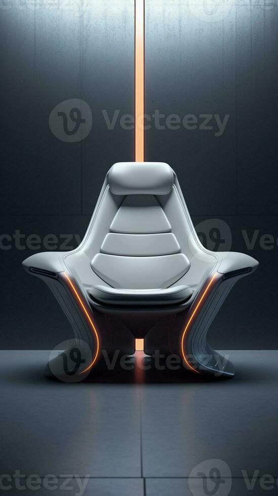 image of a modern futuristic high tech Chair with space for text and clean textured high tech wall background, vertical format, background image, generative AI photo