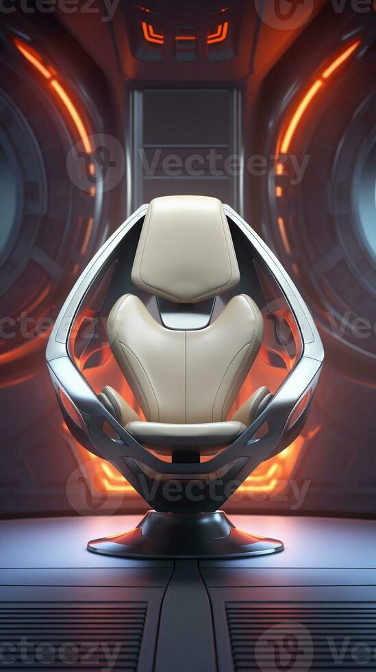 image of a modern futuristic high tech Chair with space for text and clean textured high tech wall background, vertical format, background image, generative AI photo