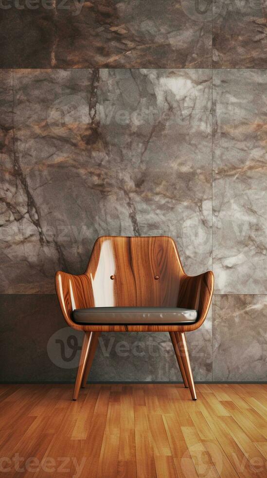 image of a modern Chair with space for text and textured wooden wall background and marbled floor, vertical format, background image, generative AI photo