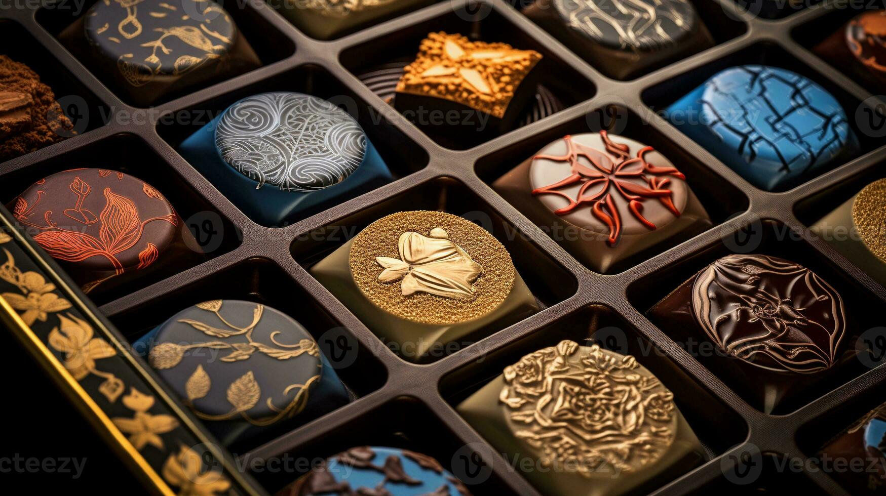 A display of artisanal chocolates with intricate designs and decorations, allowing space for text, background image, generative AI photo