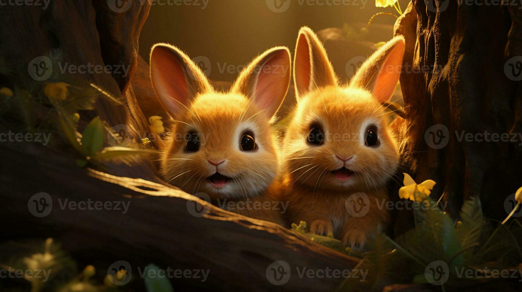 cute bunnies identical cute bunnies playing together and squeezing each other and squinting, background image, generative AI photo