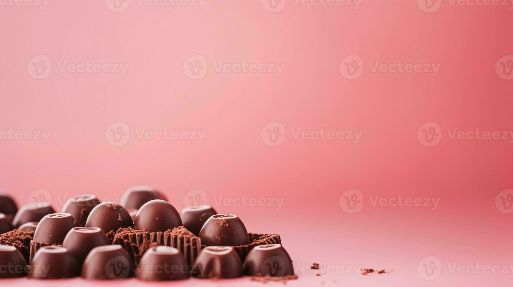 delicious chocolates on a light red background with space for text on the side, background image, generative AI photo