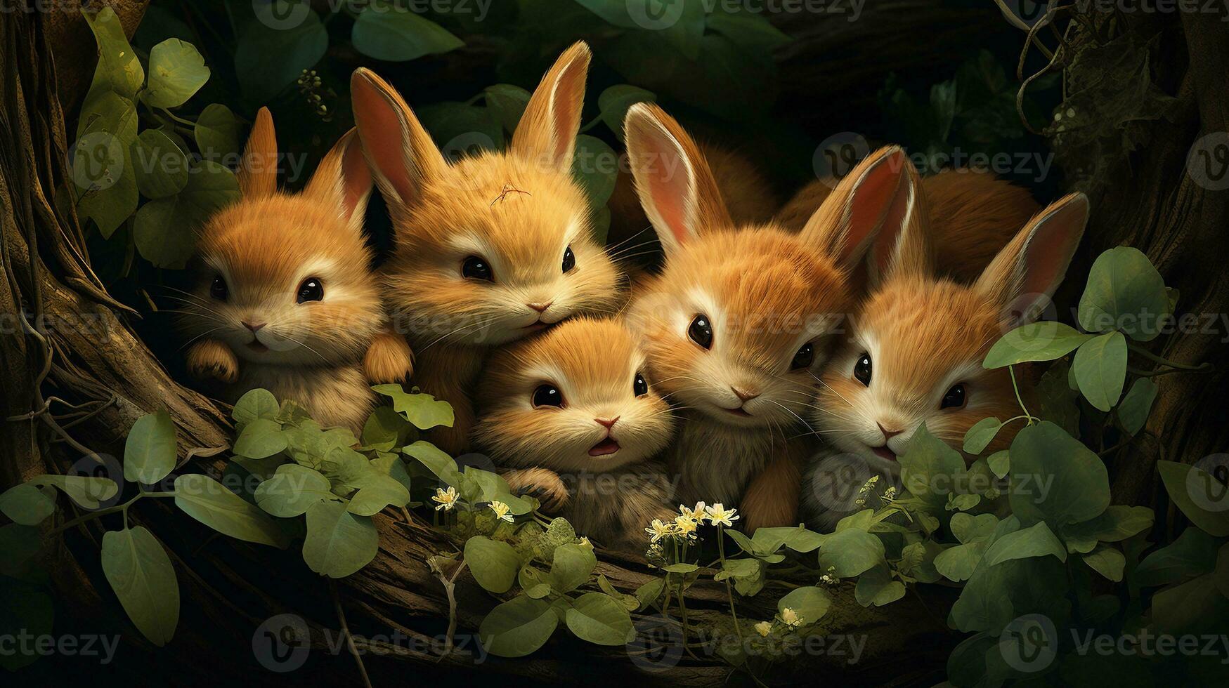 cute bunnies identical cute bunnies playing together and squeezing each other and squinting, background image, generative AI photo