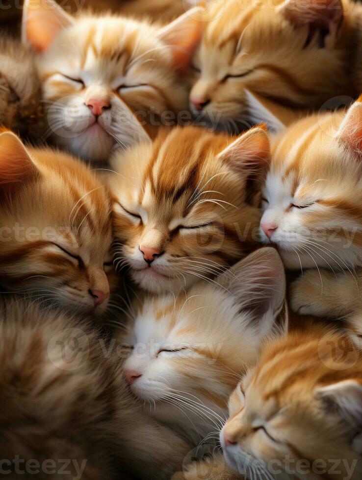 cute kittens identical cute kittens sleeping together and squeezing each other and squinting, vertical format, background image, generative AI photo