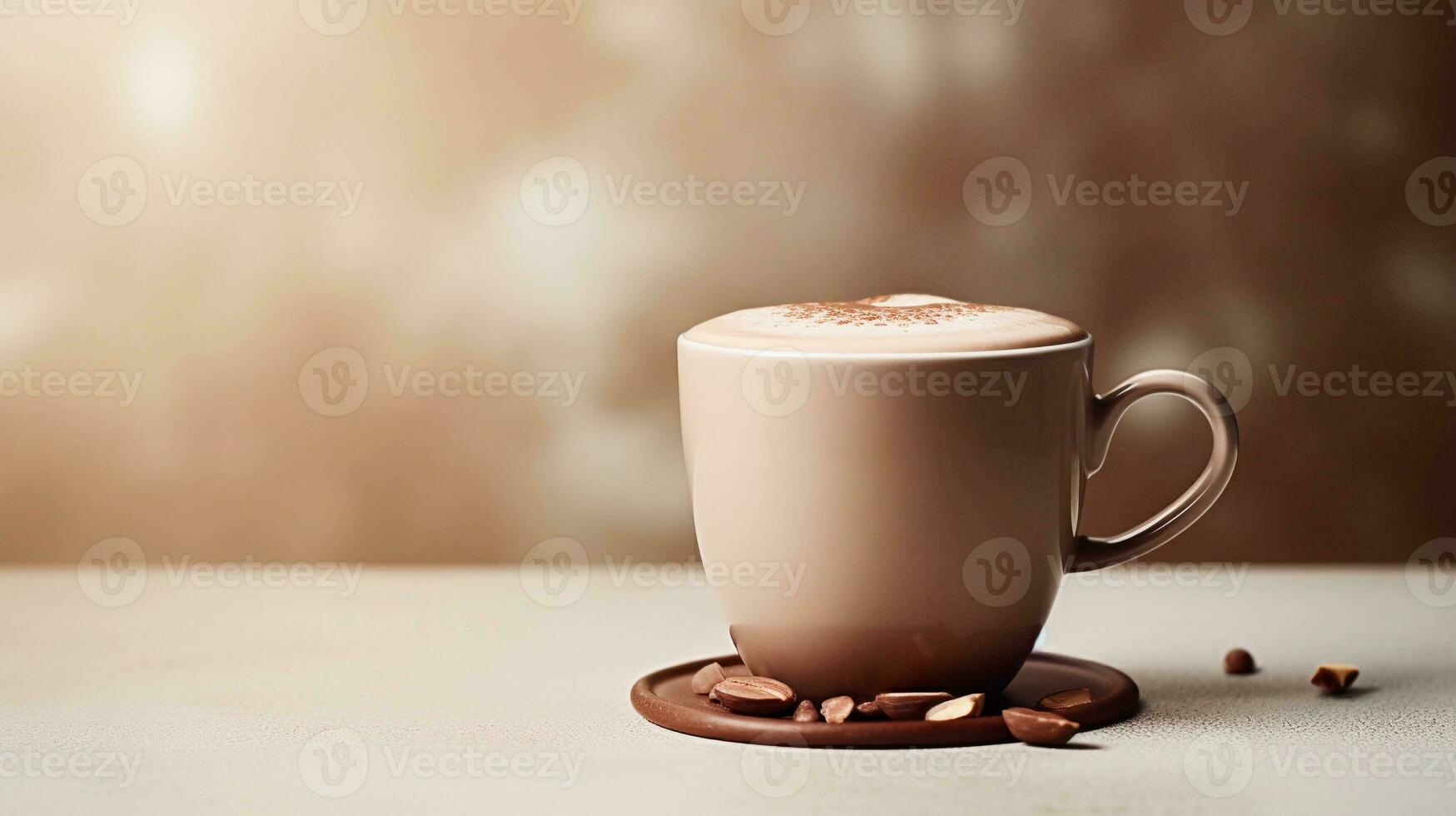 caliente chocolate bebida en un ligero marrón antecedentes con espacio para texto en el lado, antecedentes imagen, generativo ai foto