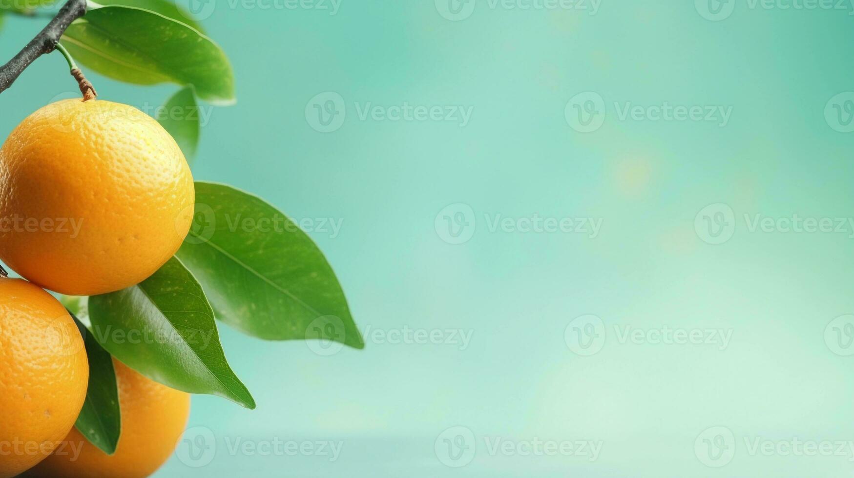 oranges with a branch on a light green background with space for text on the side, background image, generative AI photo