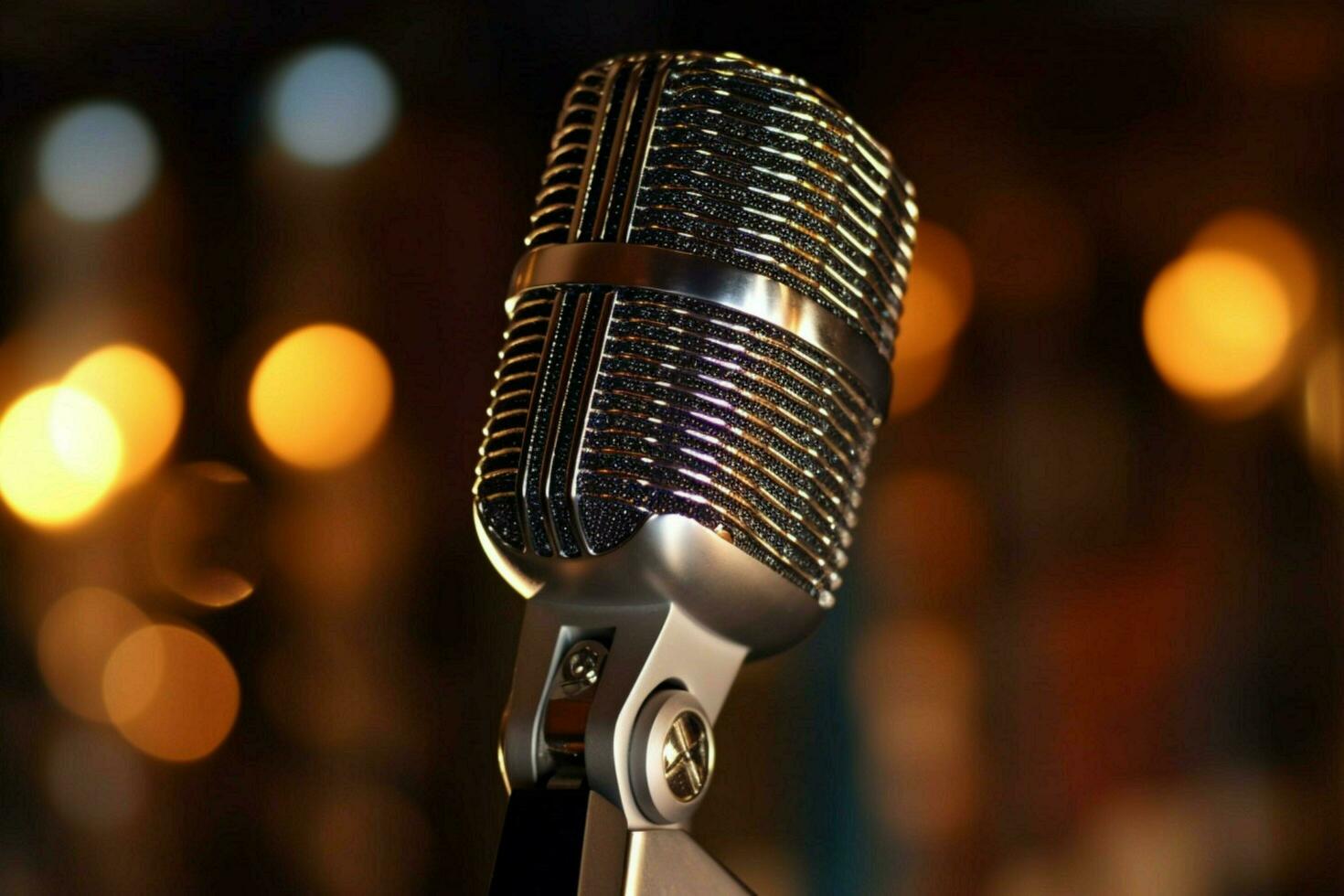 close up of a chrome condenser microphone on stage photo