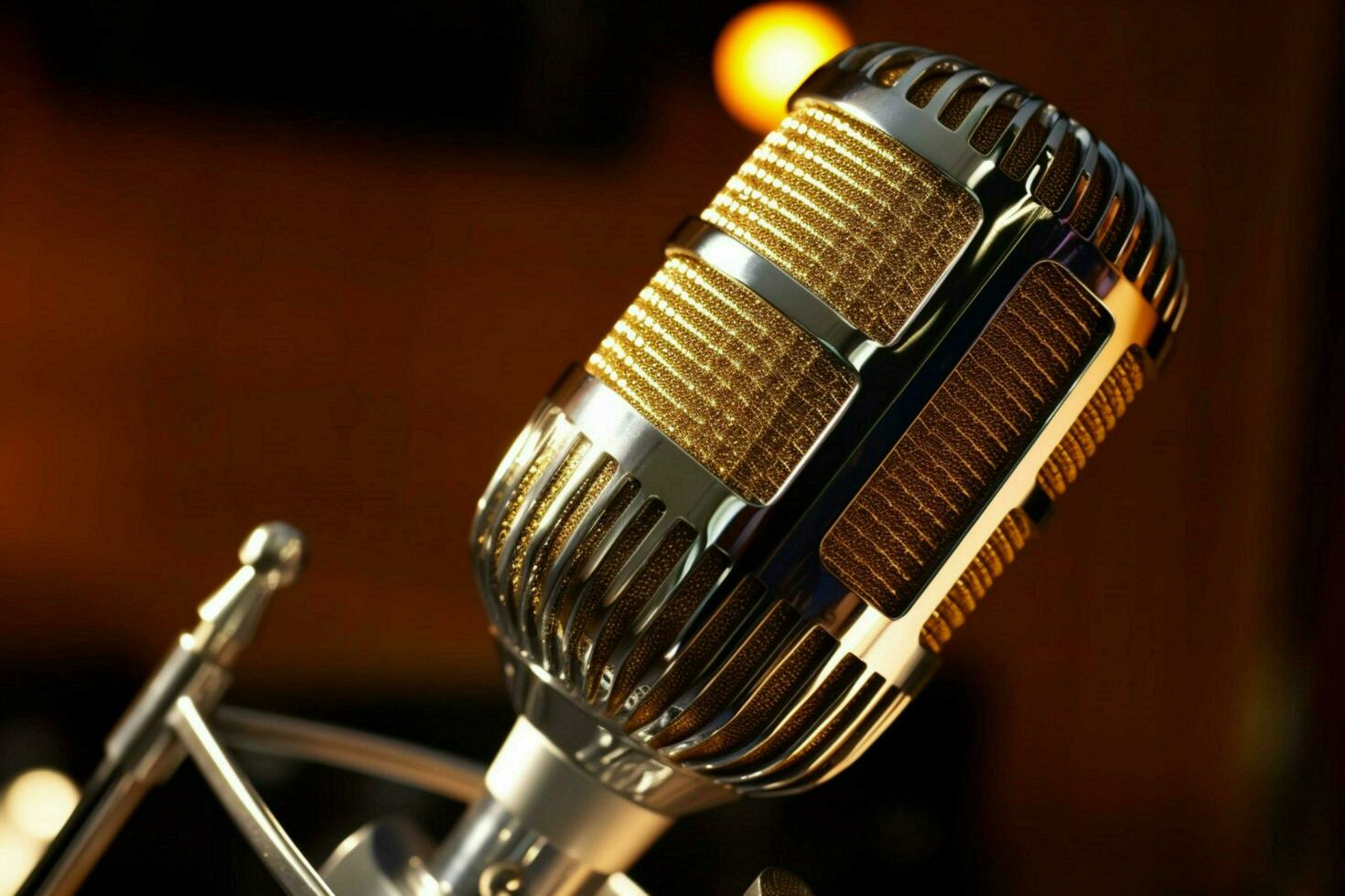 close up of a chrome condenser microphone on stage photo