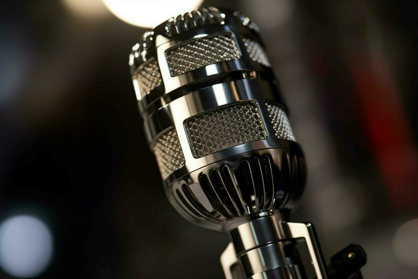 close up of a chrome condenser microphone on stag photo