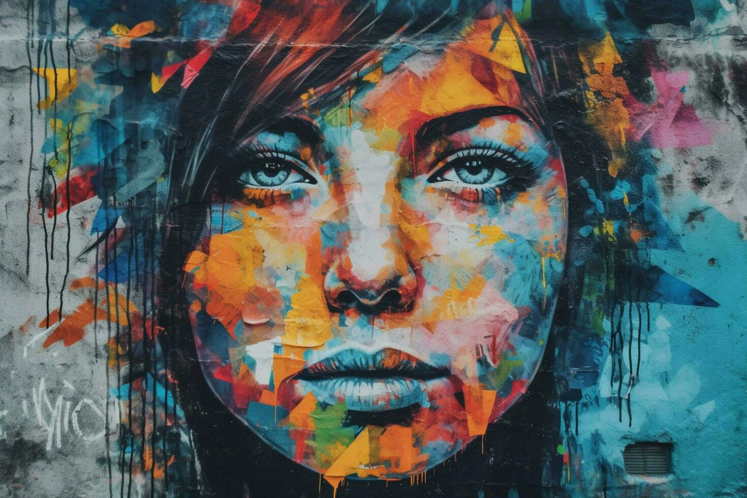 colorful graffiti portrait fresco on grungy stree photo