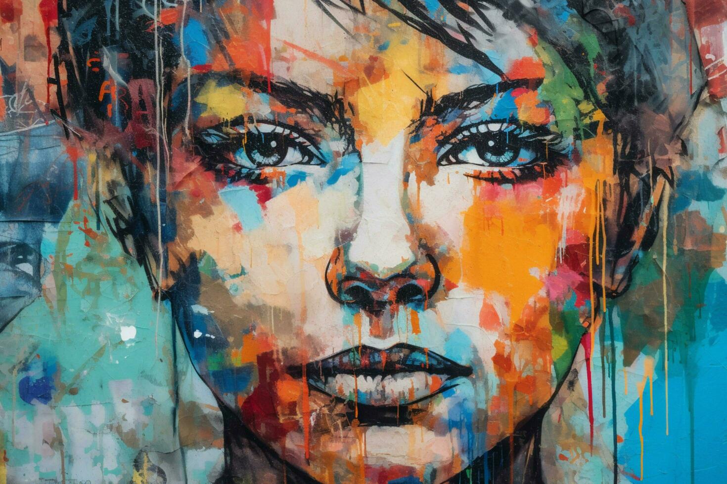 colorful graffiti portrait fresco on grungy stree photo