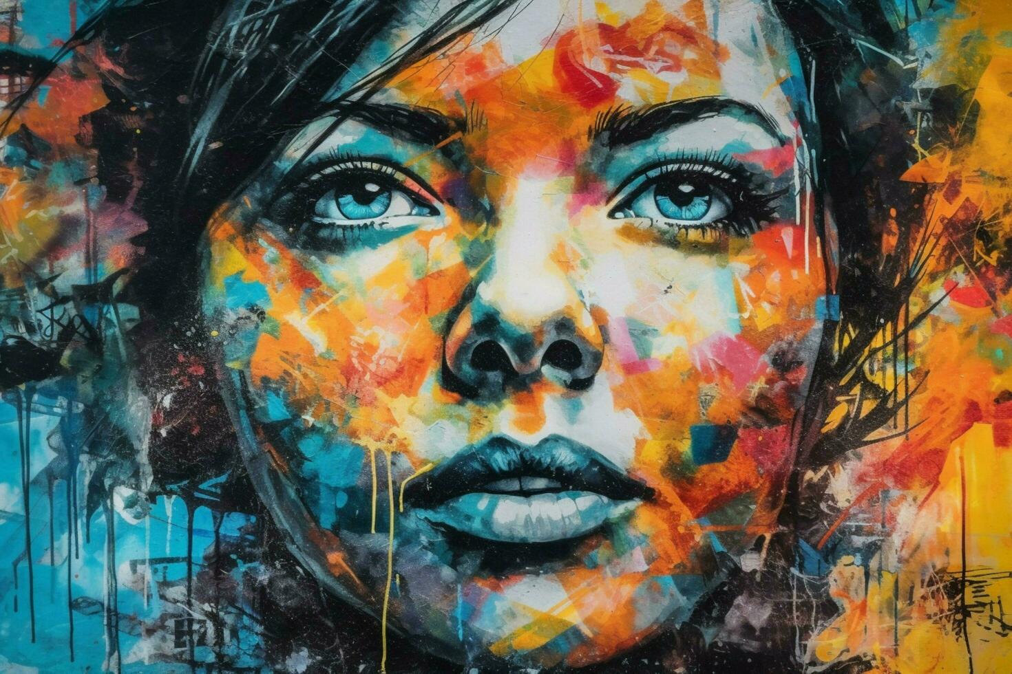 colorful graffiti portrait fresco on grungy stree photo