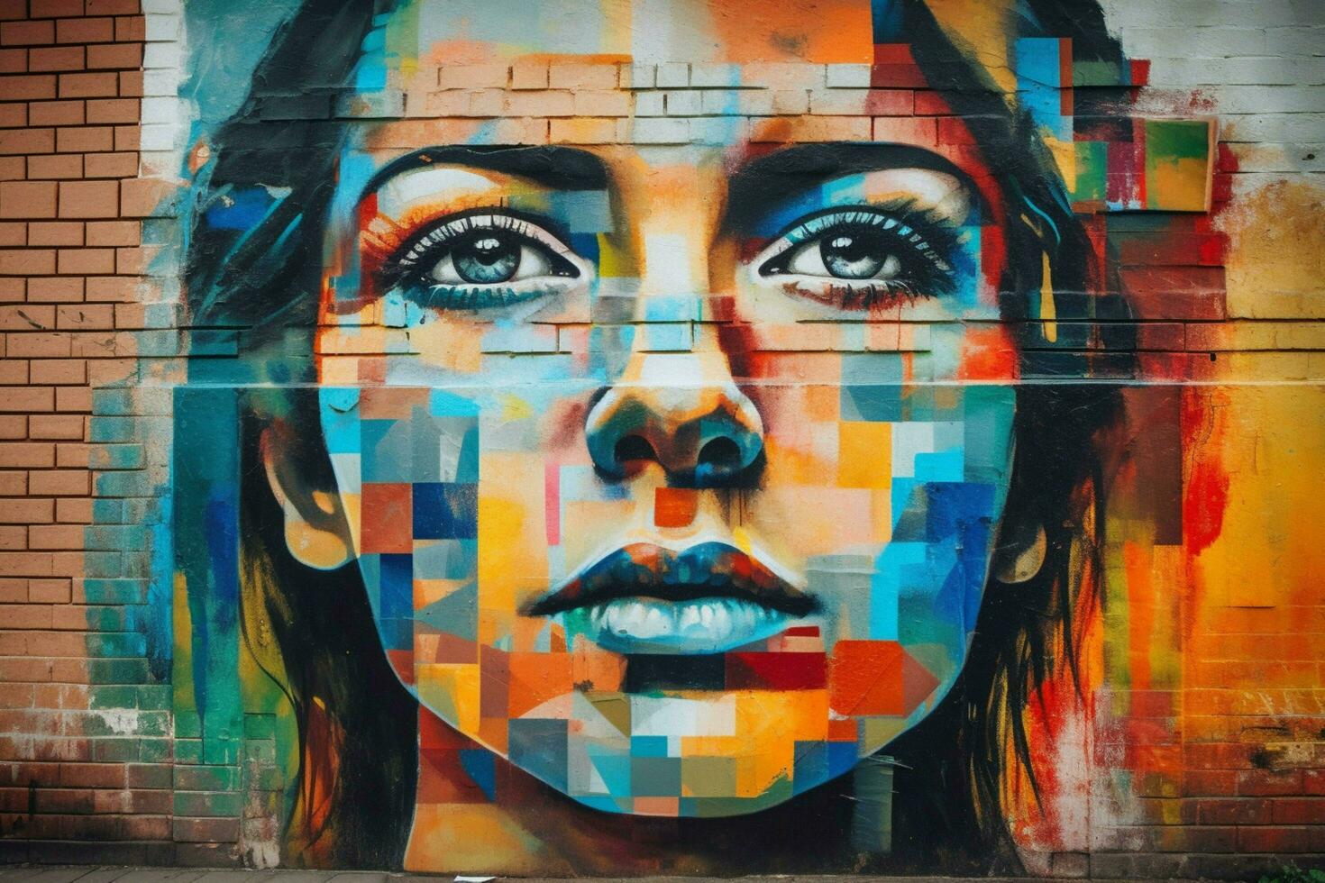 colorful graffiti portrait fresco on grungy stree photo