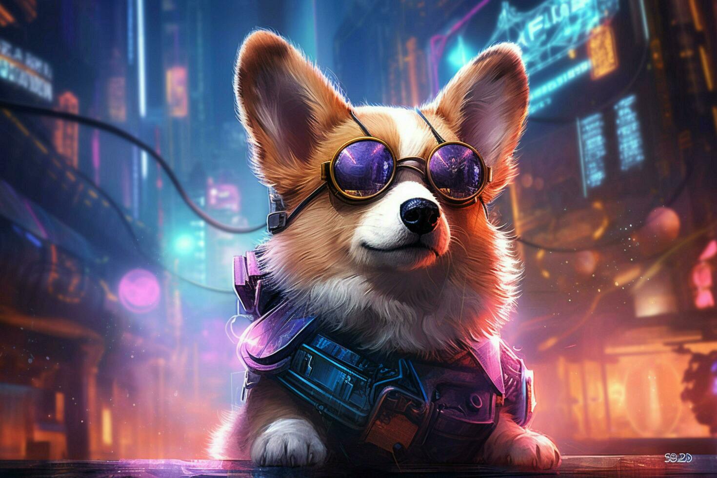 corgi dog cyberpunk night photo