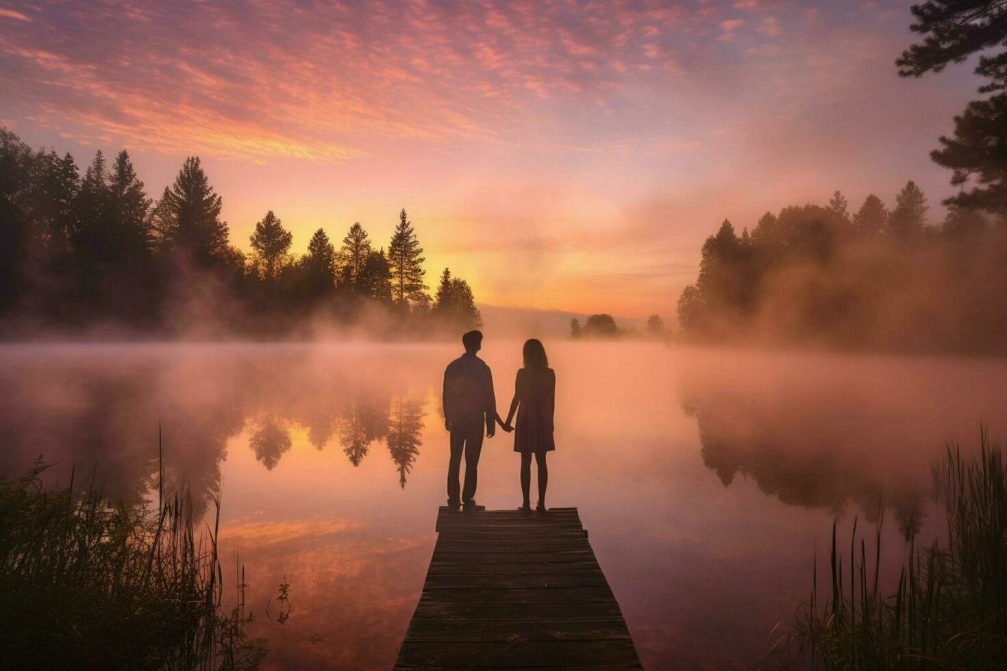 couple lake sunrise morning photo