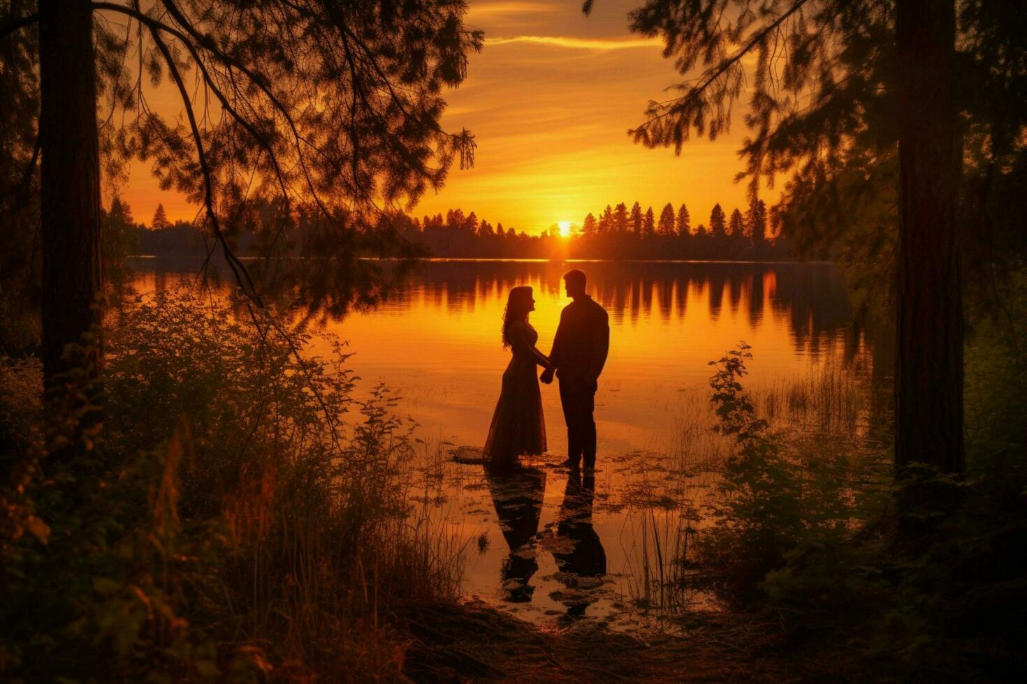couple lake sunset looking photo