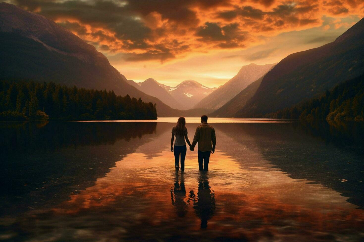 couple mountain lake sunset photo