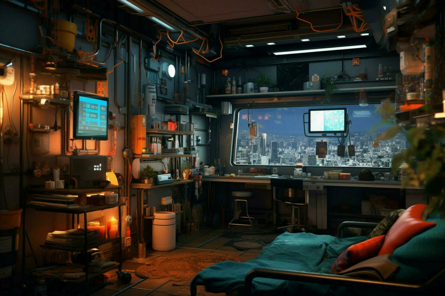 cyberpunk apartment interior photo