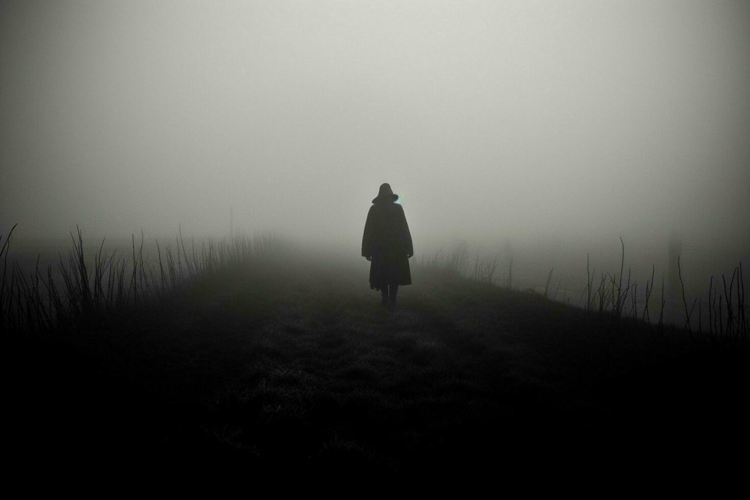 dark silhouette standing in fog walking alone out photo