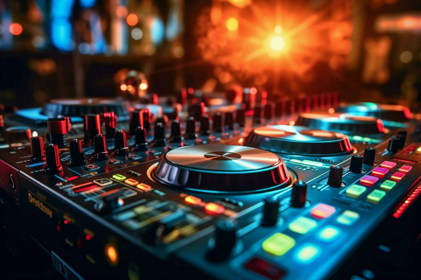dj equipment in a club with a blurred background photo